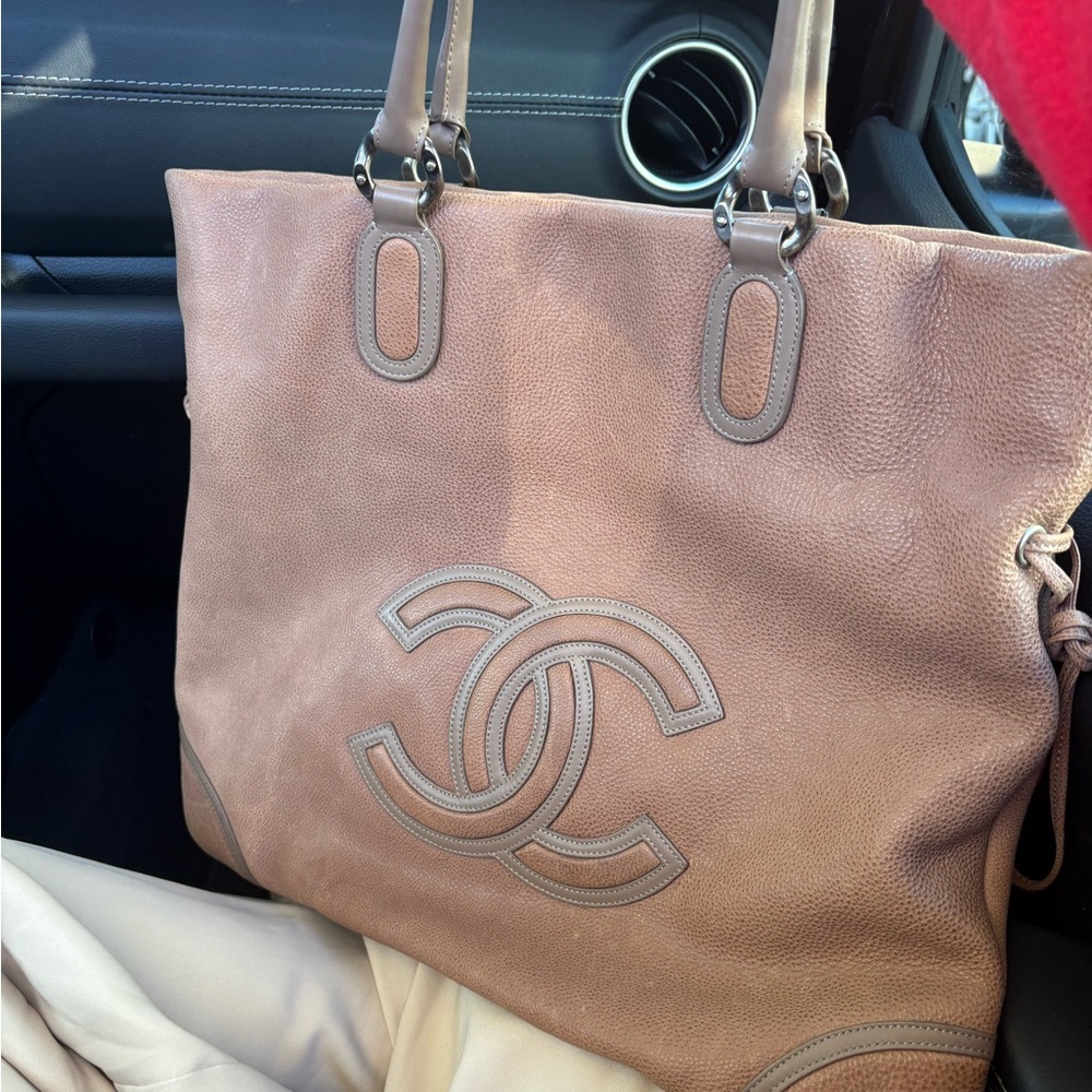 Authentic Washed Calfskin Drawstring Tote Beige